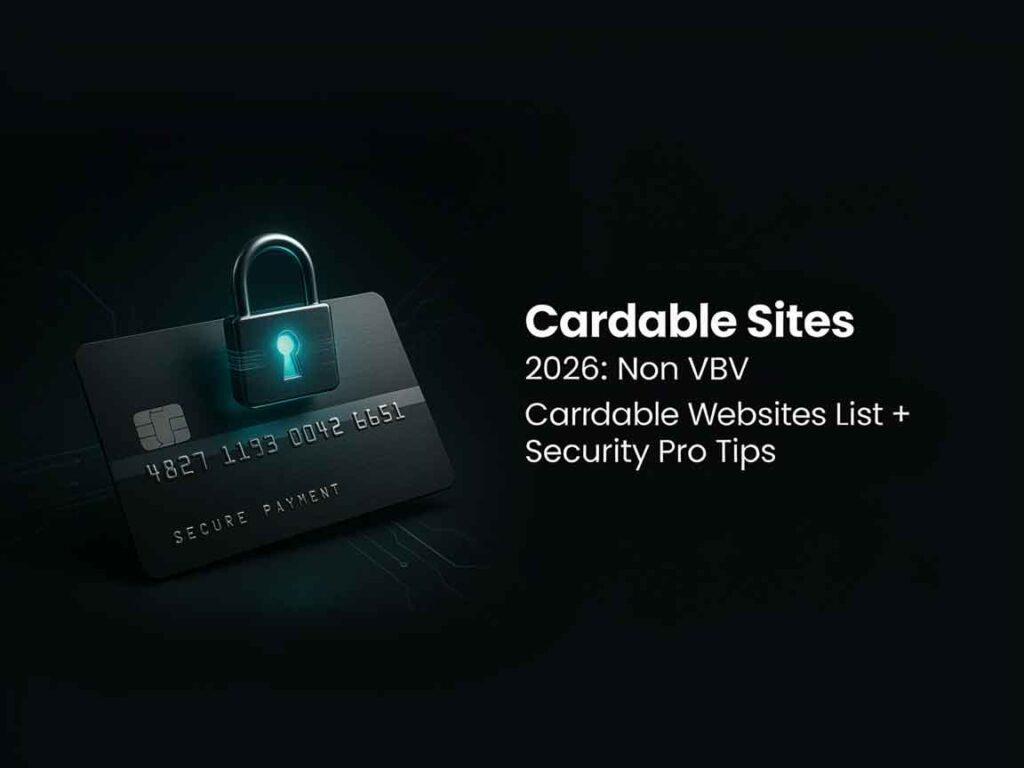 cardable sites 2026. Credit card with digital padlock overlay representing online payment security and cardable sites in 2026.