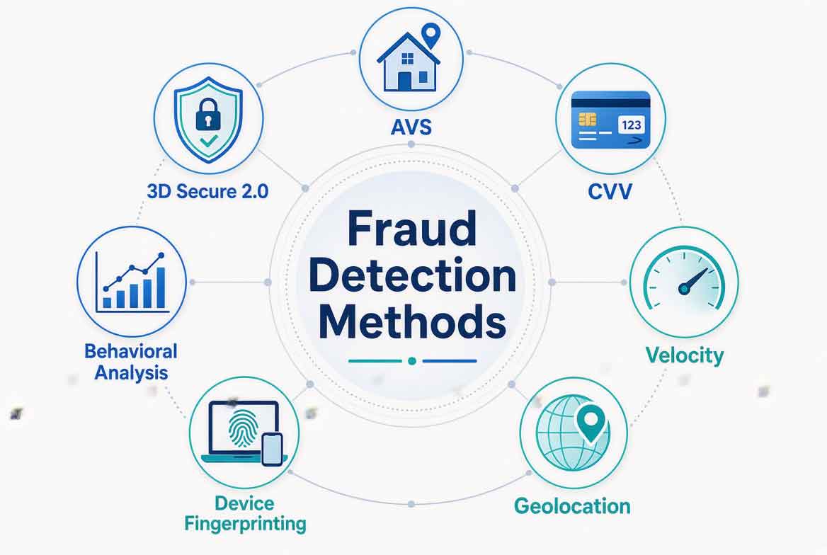 Infographic of fraud detection tools used by online merchants to prevent card-not-present fraud.
