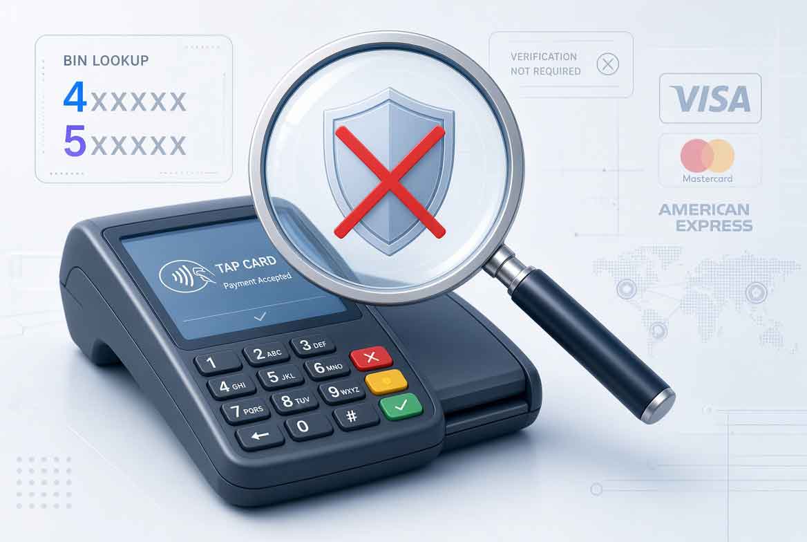 Non VBV bin checker 2026 concept with magnifying glass, credit card terminal, and gateway icons.