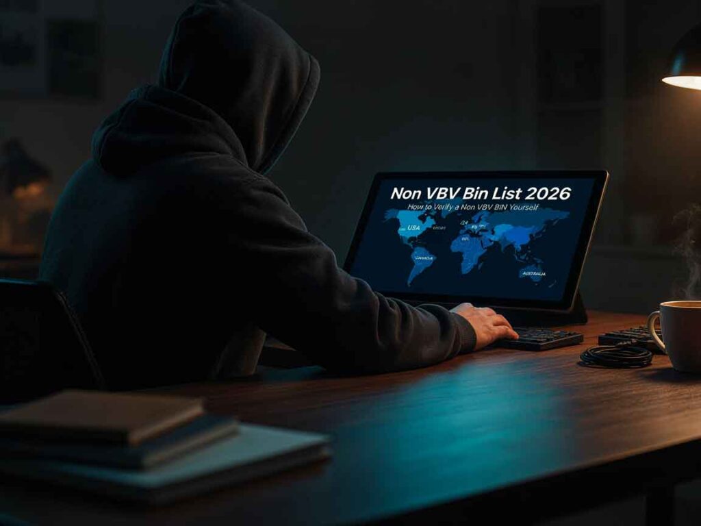 Non VBV Bin List 2026 featuring a world map with highlighted countries and floating BIN digits.
