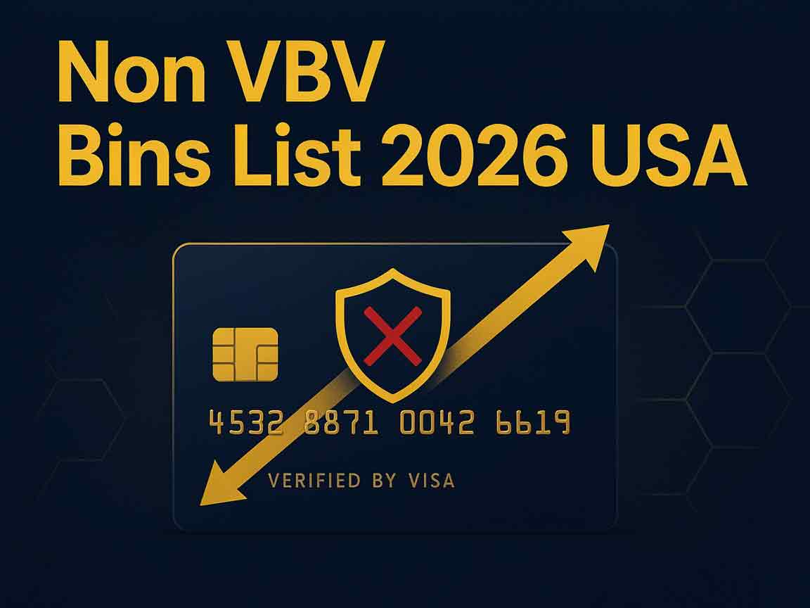Non VBV Bins List 2026 USA guide featuring credit card with bypassed shield icon