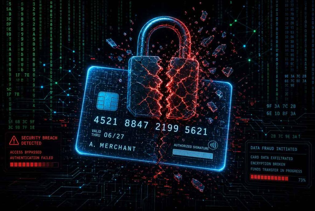 Non VBV cardable sites list 2026 featuring a credit card with broken security padlock