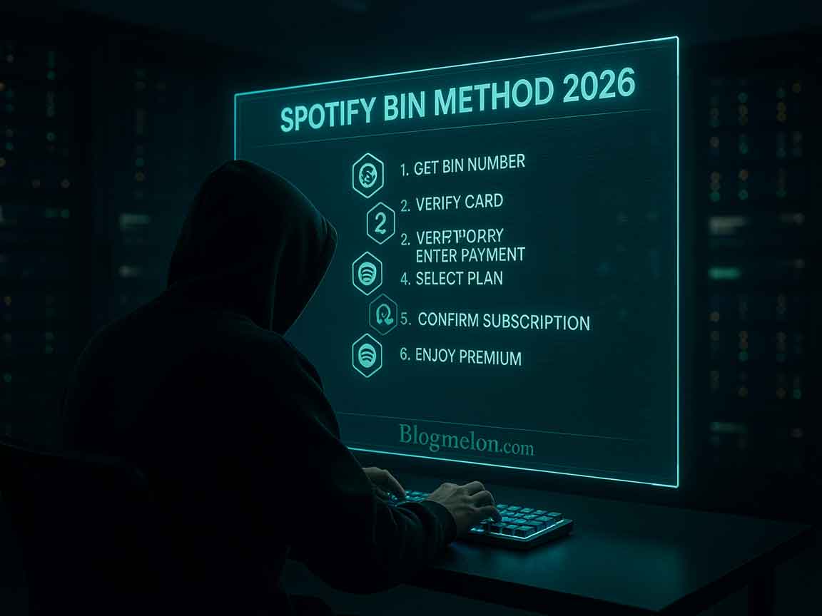 Six-step infographic for creating Spotify Premium accounts using the Bin Method