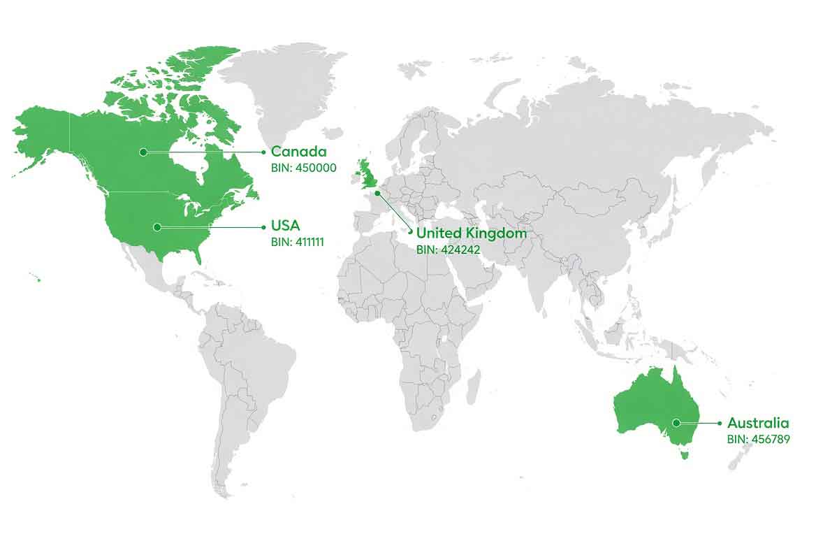 World map showing working Spotify BINs in US, UK, Canada, and Australia